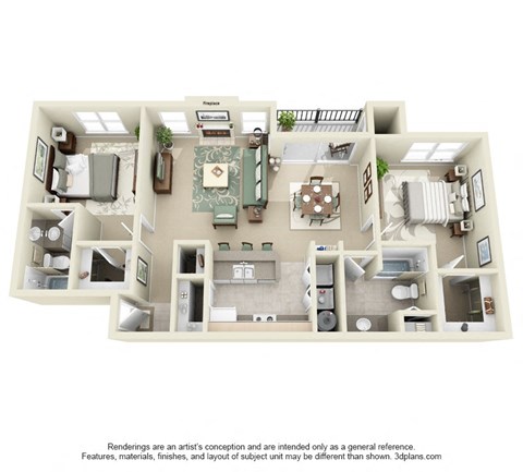 Floor plan for 2 beds, 2 baths, 1049 sqft